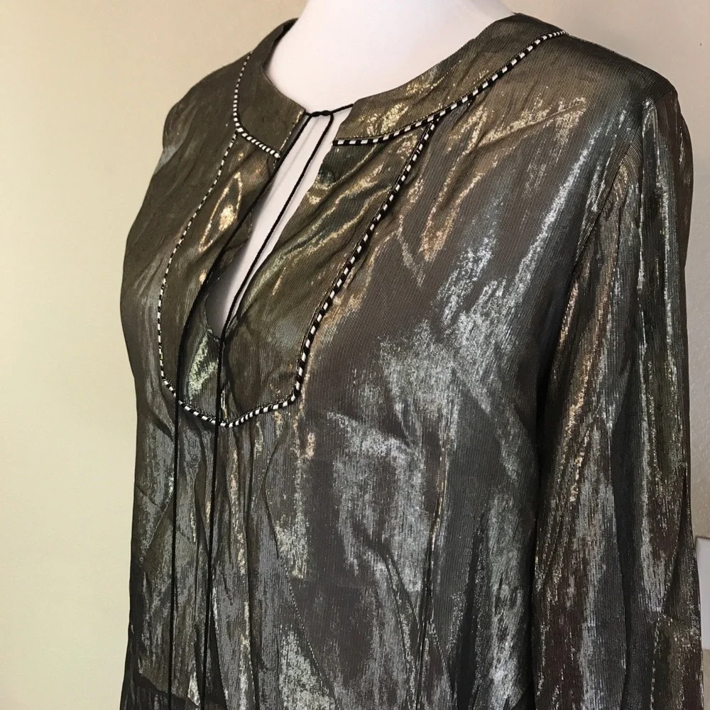 J. CREW Metallic Gold Silk Tunic Tassel Blouse Top 4
